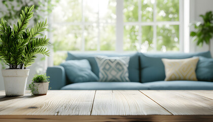 Fototapeta premium Empty wooden table in beautiful living room. Space for design