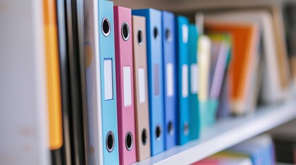 Close-up view of a neatly organized homeschool binder system with educational materials on a shelf in a learning environment