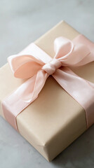 Delicate pastel baby shower gift wrapped in kraft paper and adorned with a silk ribbon captures the essence of celebration in soft natural light