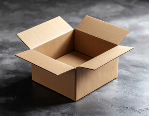  mailer box in 8K, slightly open, laying on a textured surface, realistic cardboard material, top and front visible, editable areas for branding