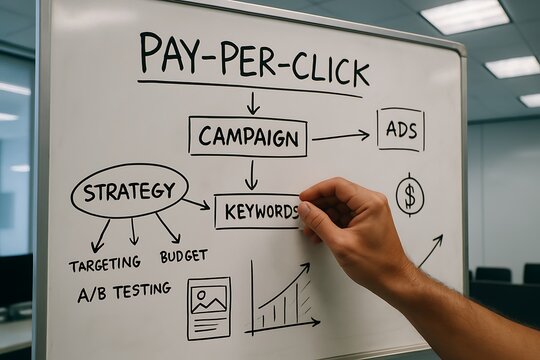 PPC strategy flowchart on whiteboard with keywords campaign and ads for digital marketing and advertising concepts Background