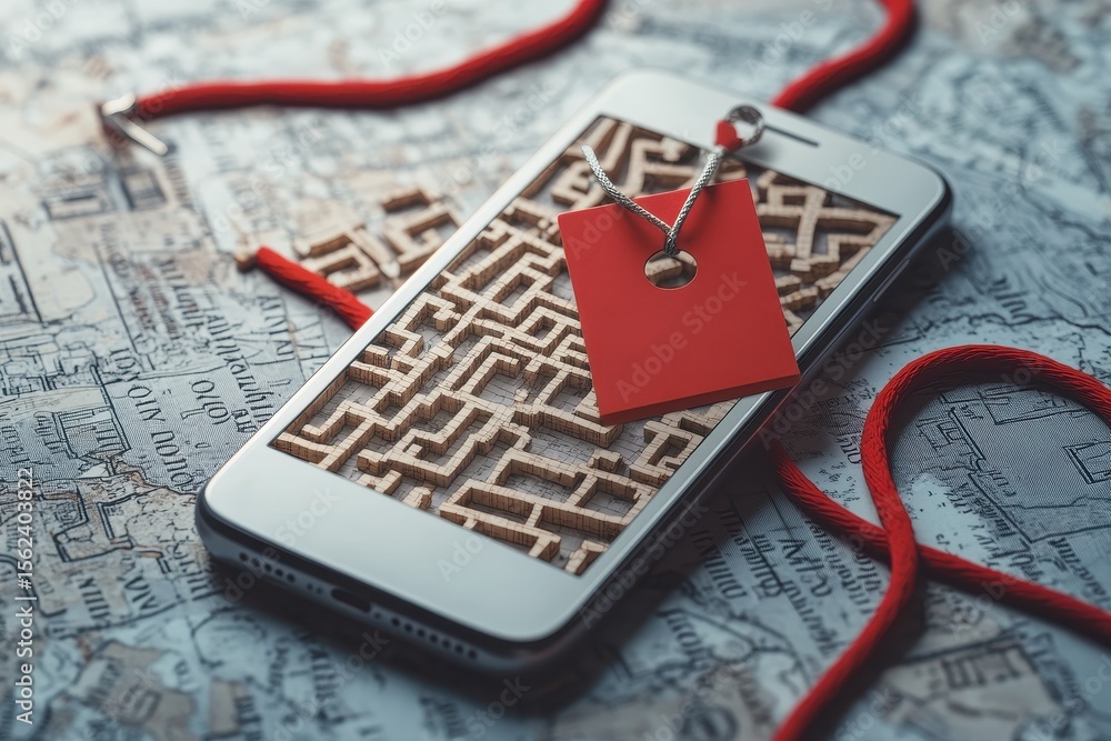 Poster exploring navigation strategies with smartphone, maze graphic, and map on wooden table, red tag and 