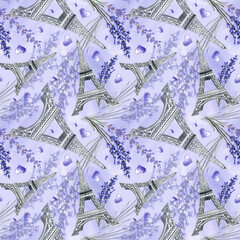 Obraz premium Seamless purple pattern with the Eiffel Tower and lavender flowers. Hand-drawn watercolor illustrations. Beautiful pattern for clothing textiles, wrapping paper, tablecloths, curtains, etc.