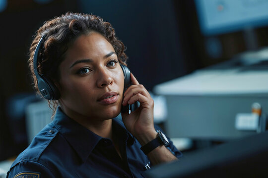 A black woman police officer wearing headphones in a call center 911 operator talking on the phone