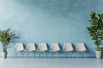 Waiting room interior design features six chairs against a blue wall with green potted plants enhancing the modern minimalist decor.