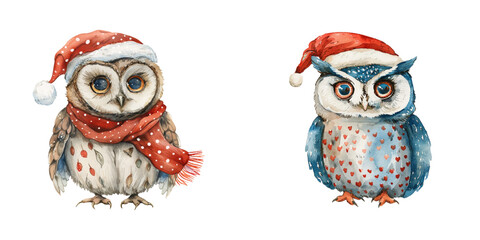 christmas owl watercolor vector illustration