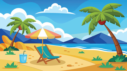 Beach Scene with Palm Trees, Lounge Chair, and Blue Sky Vector Illustration
