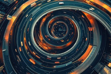 Fototapeta premium Traffic moving in a spiral pattern on a modern ring road during twilight hours, Circle traffic automobile riding ring road modern city expressway highway infrastructure aerial view