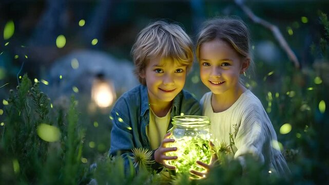 Kids catch fireflies at twilight in grassy backyard, glass jar glowing with natural magic.
