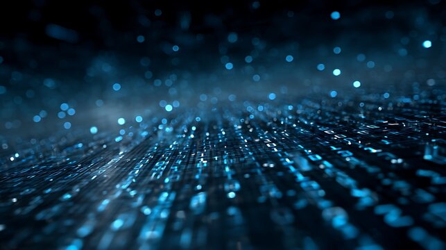 Abstract blue data stream with binary code and blurred bokeh lights in a dark background scene