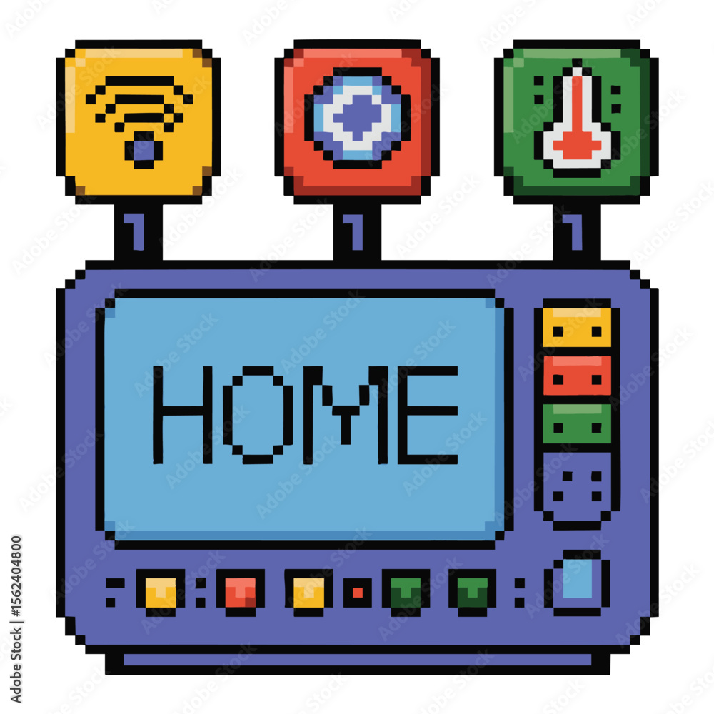 Aufkleber pixel art representation of a smart home hub with icons for wi fi security and temperature