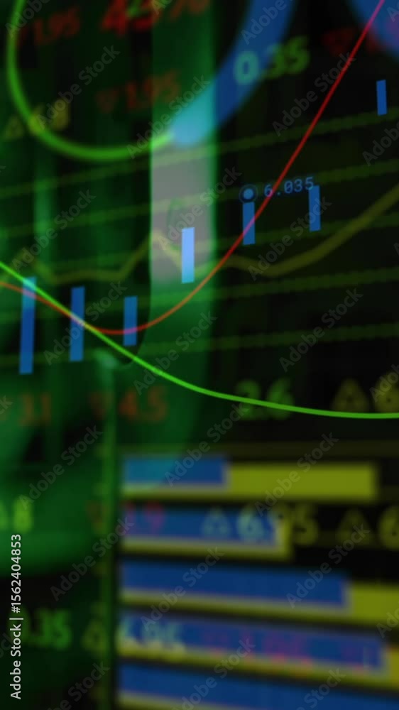 Poster animation of statistics and data processing over green lights of computer servers