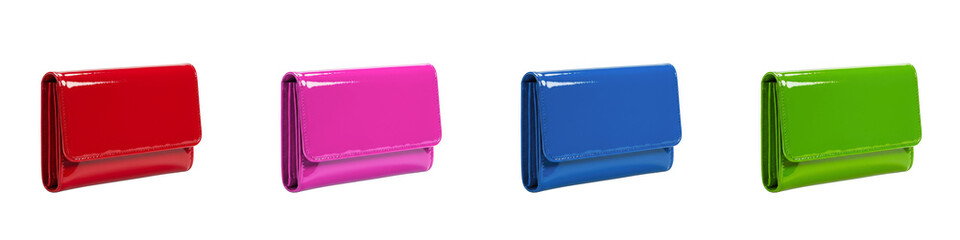 Colorful rectangular wallets in red, pink, blue, and green  