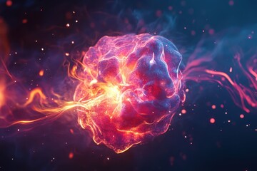 Fototapeta premium Digital particle resembling a firework explosion in vibrant colors against a dark backdrop, Digital Particle of a Firework