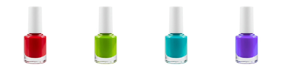 Nail polish bottles in red, green, turquoise, and purple colors  