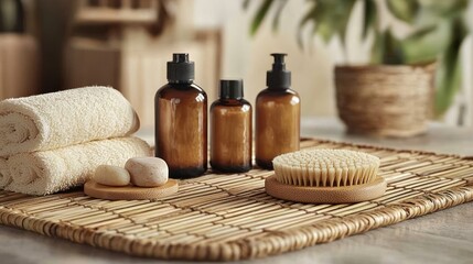 Spa products, bamboo mat, towels, room