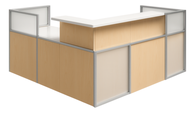 Customizable modular reception desk with detachable panels, useful for a dynamic home consultancy space.