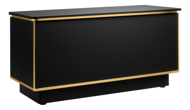 Reception desk with a matte black finish and gold trim, exuding luxury in a home-based business setup.