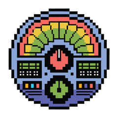 Obraz premium Retro pixel art control panel with colorful buttons and gauges in a circular design