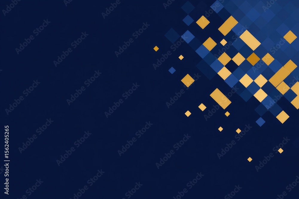 Poster geometric fractal composition with broken symmetry in two-tone palette resting on solid navy-blue ba