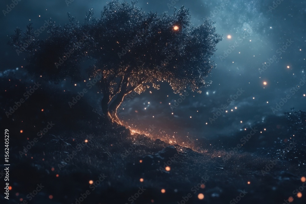 Poster Mystical glowing tree under starry night sky illuminating a tranquil landscape, This video was created in the program Adobe After Effects
