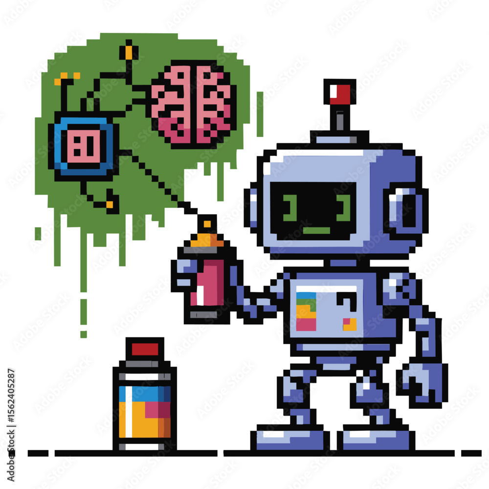 Poster pixel art robot spraying paint creating a brain and circuit board design