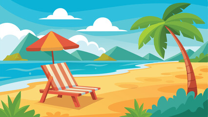 Cartoon Beach Scene with Palm Tree, Lounge Chair, Umbrella, Ocean, and Mountains Background
