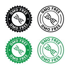 GMO free icon set. Non GMO label. No added or artificial chemicals logo, label, badge, sticker, symbol, emblem, stamp, line, vector, isolated illustration. GMO free label for product packaging design