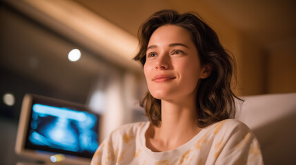 Young woman undergoing ultrasound in a warm hospital setting