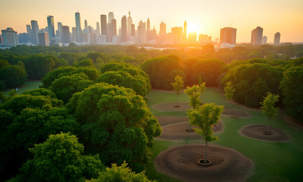 circular garden design A 3D of a tree with Sunrise over Indian park, multiple branches growing towards the sky, symbolizing diversification and cloud under the tree 