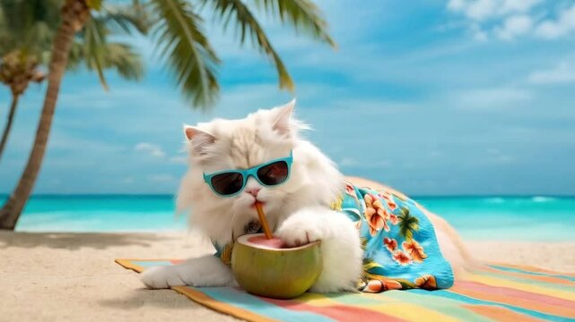 Funny memes fluffy white cat sipping coconut on beach with glasses