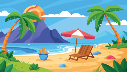 Cartoon Beach Scene with Palm Trees, Chair, Umbrella, and Distant Mountains and Ocean