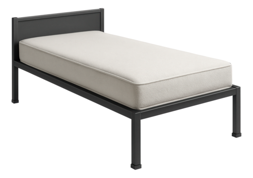 Commercial-grade single bed with a reinforced metal frame, commonly used in dormitories or hostels.