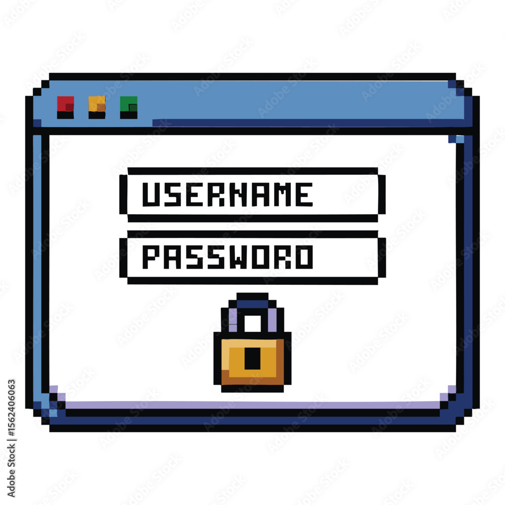 Poster pixel art login screen with username password fields and padlock icon