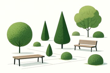 Calm and tranquil park scene featuring benches and symmetrical trees with a minimalist design ideal for promoting peace and solitude Background