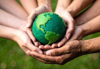 Hands holding a green clay earth, symbolizing environmental protection.