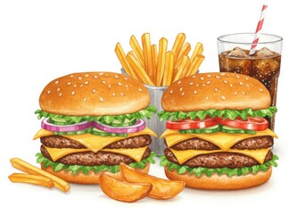 Two watercolor burgers with fries and soda isolated on white background, showcasing a delicious fastfood meal