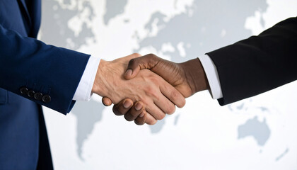 Business partners shaking hands in front of a world map