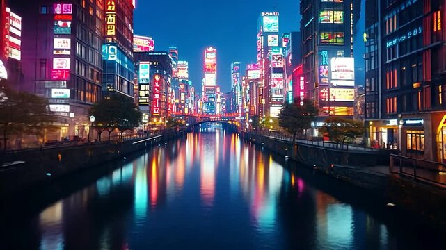 Dotonbori Canal at Night: Osaka's Vibrant Neon Lights Reflecting on the Water