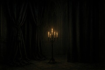 Gothic interior with soft candlelight illuminating a candelabra set in a shadowy room with dark curtains creating an eerie dramatic vibe Background
