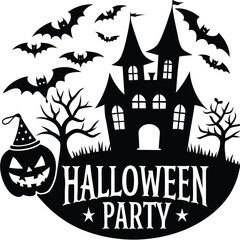 A spooky Halloween night illustration of a haunted castle with bats and a pumpkin under a dark moonlit sky