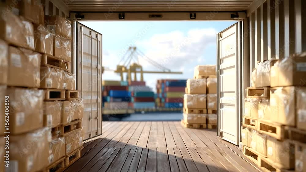 Aufkleber shipping container doors swing open to reveal perfect rows of identical cardboard boxes stacked with