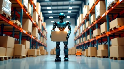 Robot warehouse worker lifting box in modern storage