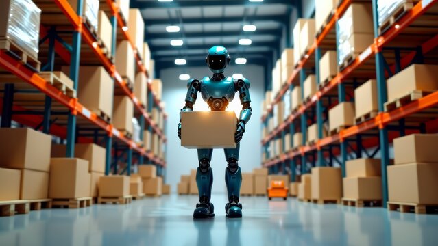 Robot warehouse worker lifting box in modern storage - Powered by Adobe
