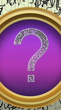Question mark symbol over purple round banner against mathematical equations on yellow background