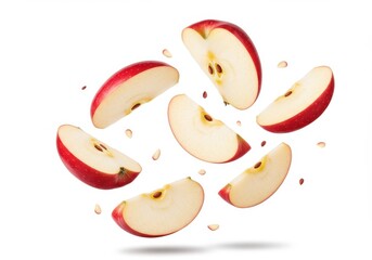 Several red apple slices floating isolated on white background