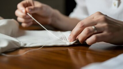 Hands sewing white fabric, a detail shot, for craft blogs
