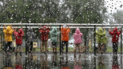 Rainy day scene with people in colorful raincoats viewed through raindrop-covered window