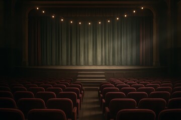 Anticipatory atmosphere in an empty theater with red velvet chairs spotlighted stage and dim lighting suggesting a quiet performance awaits Background