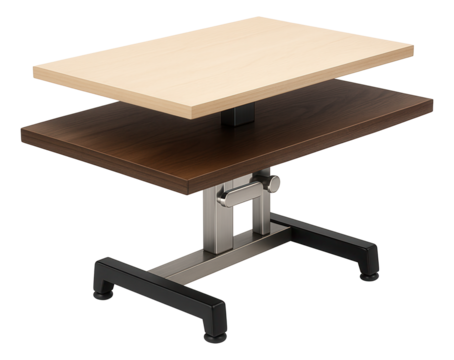 Modular dining table with interchangeable tops and adjustable height for versatile use in a studio apartment.